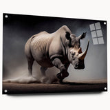 Side view of a striking acrylic wall art piece showcasing a detailed rhinoceros design, featuring rich colors and sharp lines, ideal for wildlife enthusiasts.