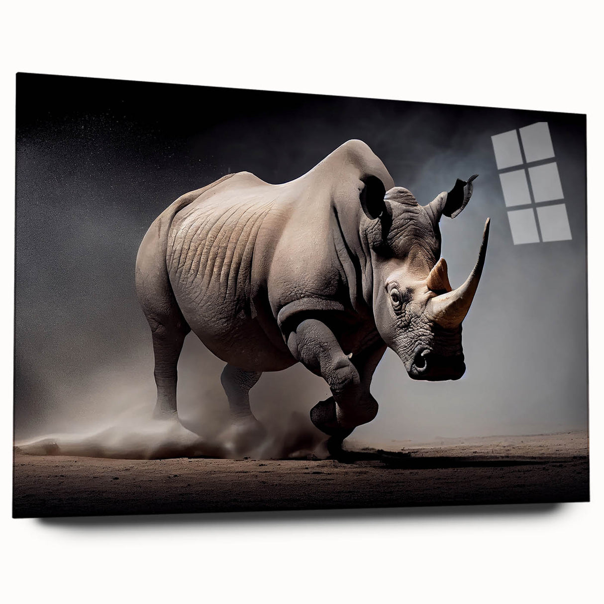 Side view of a modern acrylic glass wall art piece featuring a detailed rhinoceros design, showcasing vibrant colors and intricate textures, perfect for wildlife enthusiasts.