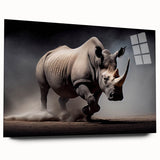 Side view of a modern acrylic glass wall art piece featuring a detailed rhinoceros design, showcasing vibrant colors and intricate textures, perfect for wildlife enthusiasts.