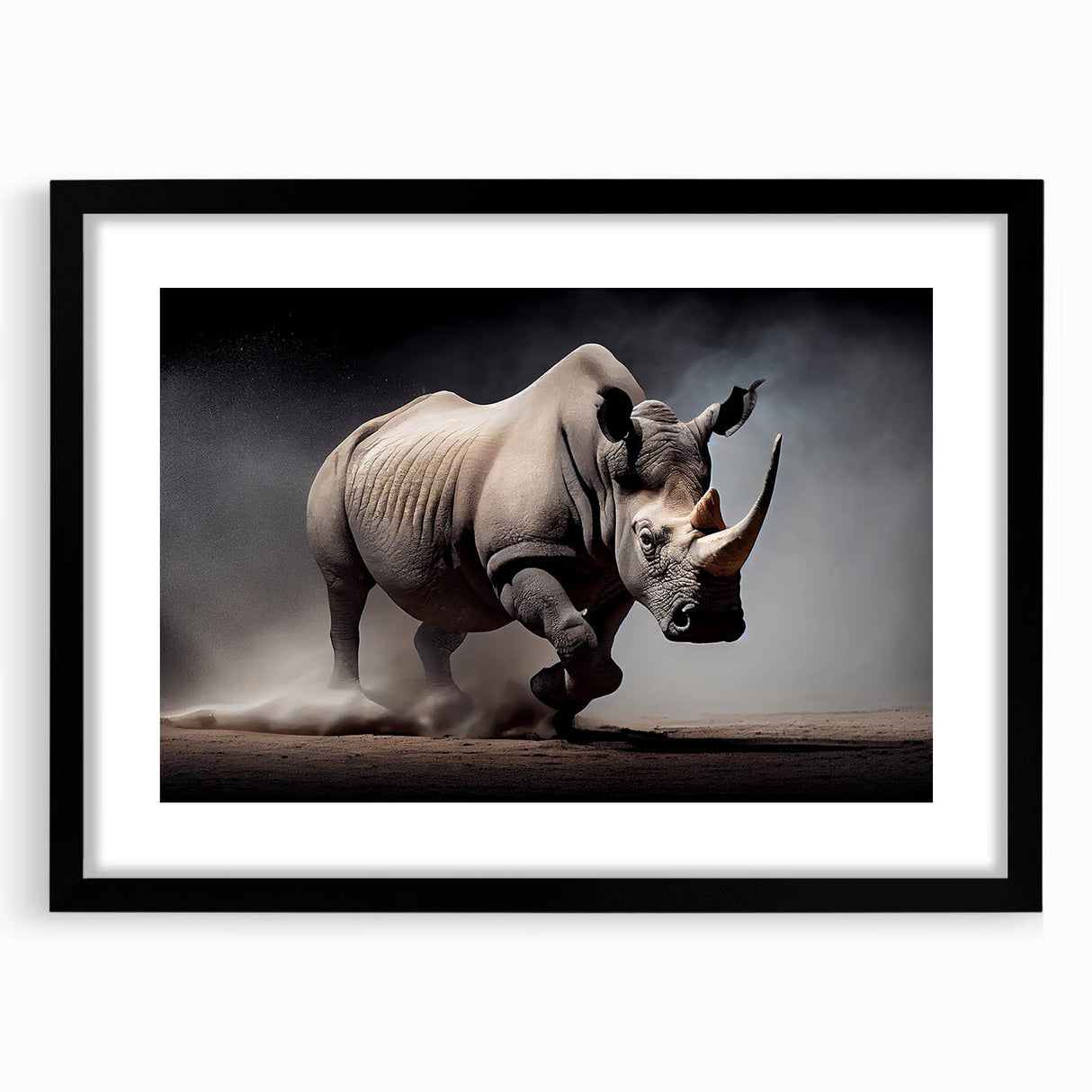 Framed wall art showcasing a striking black and white rhinoceros design with a matte finish, perfect for wildlife enthusiasts and modern decor. Ideal for adding a touch of nature-inspired elegance to any room.