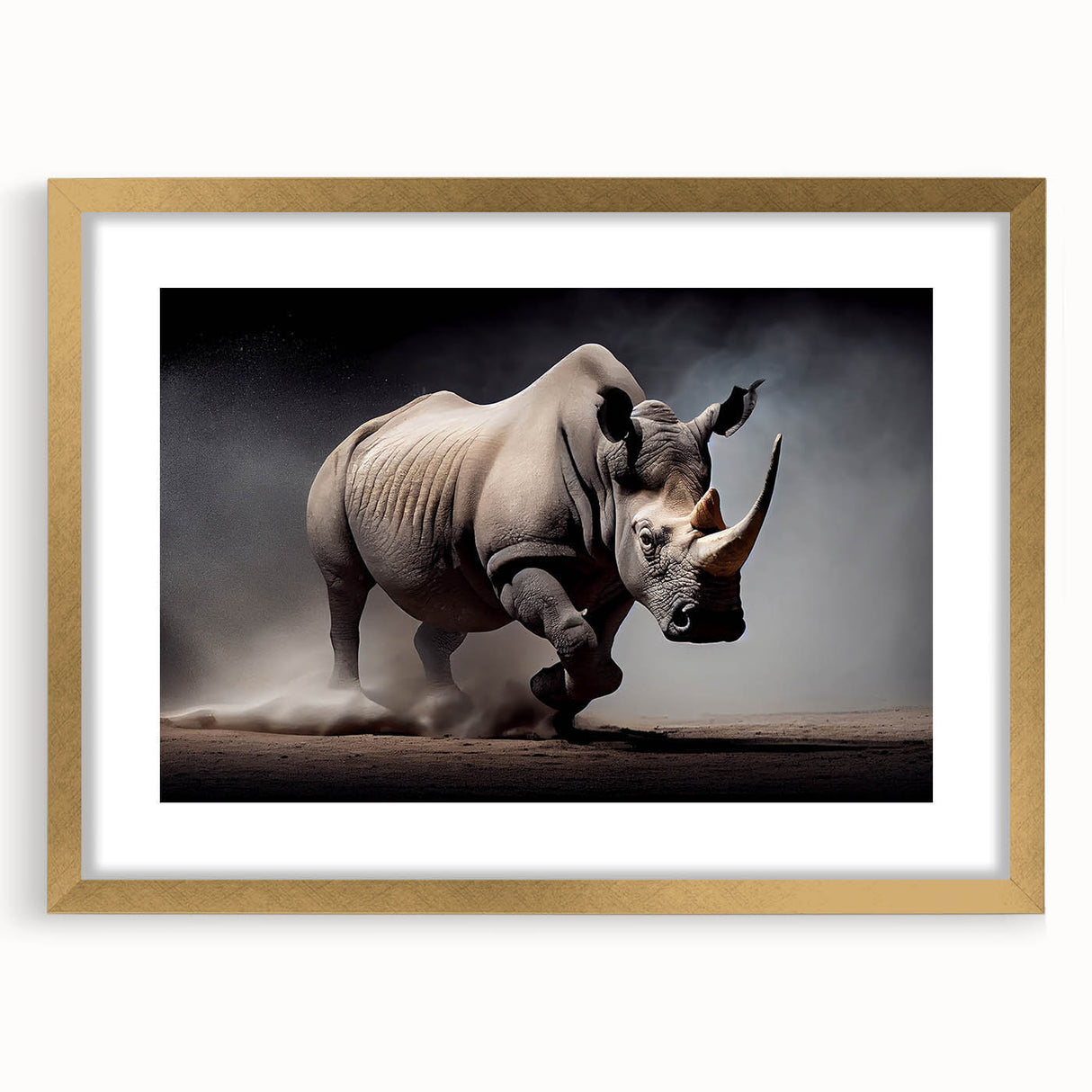 Gold-framed wall art featuring a striking front view of a rhinoceros, showcasing intricate design details and vibrant colors, perfect for wildlife enthusiasts.