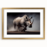 Gold-framed wall art featuring a striking front view of a rhinoceros, showcasing intricate design details and vibrant colors, perfect for wildlife enthusiasts.