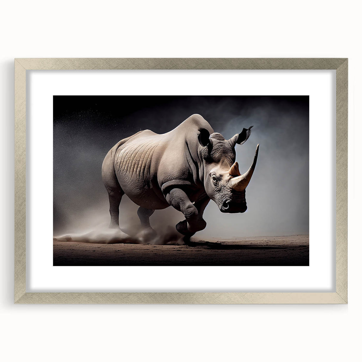 Framed wall art showcasing a silver mat and a striking rhinoceros design, perfect for wildlife enthusiasts and modern decor, enhancing any interior setting.