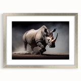 Framed wall art showcasing a silver mat and a striking rhinoceros design, perfect for wildlife enthusiasts and modern decor, enhancing any interior setting.