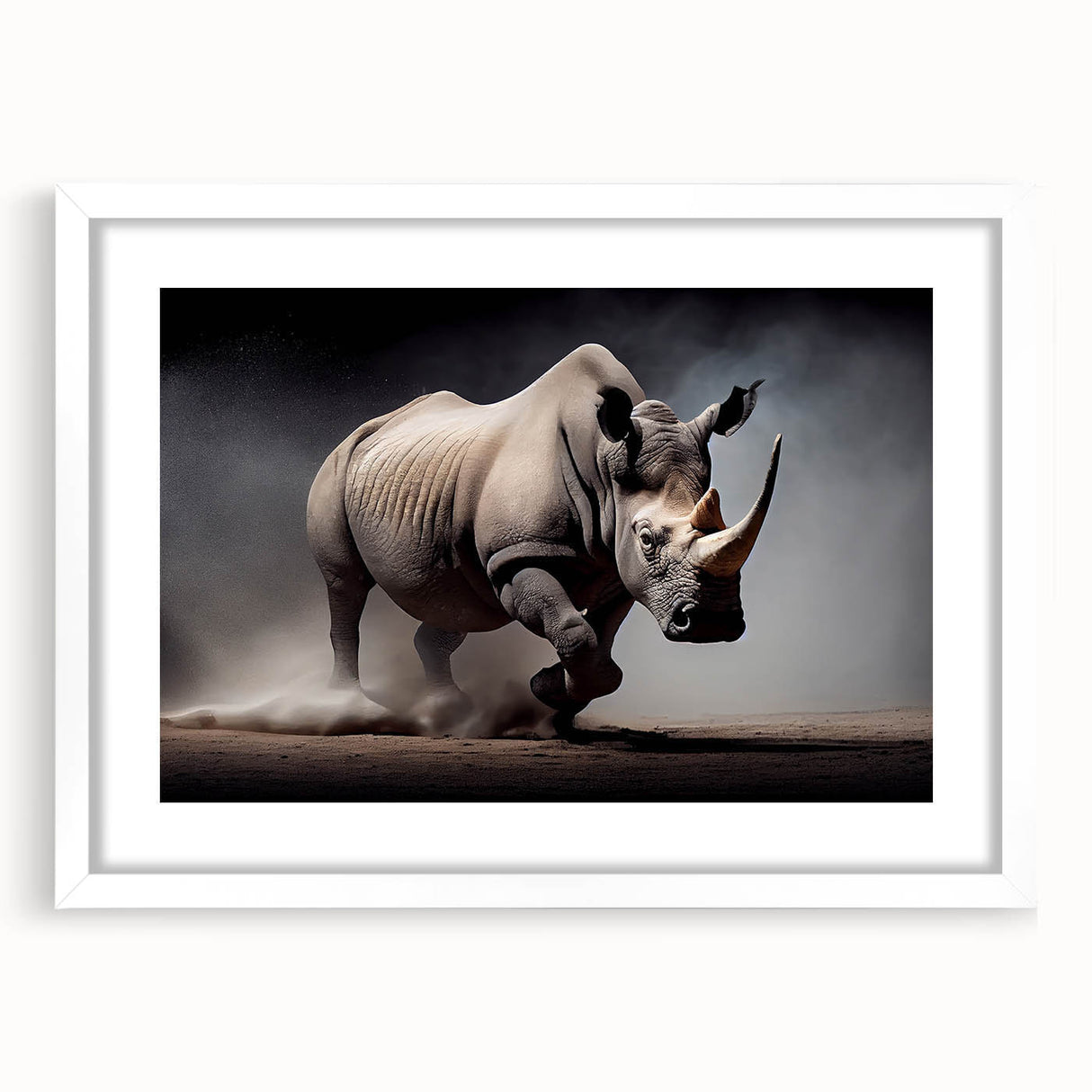 Framed wall art featuring a striking rhinoceros design, showcasing intricate details in a modern black frame with a white mat, perfect for wildlife enthusiasts and home decor.