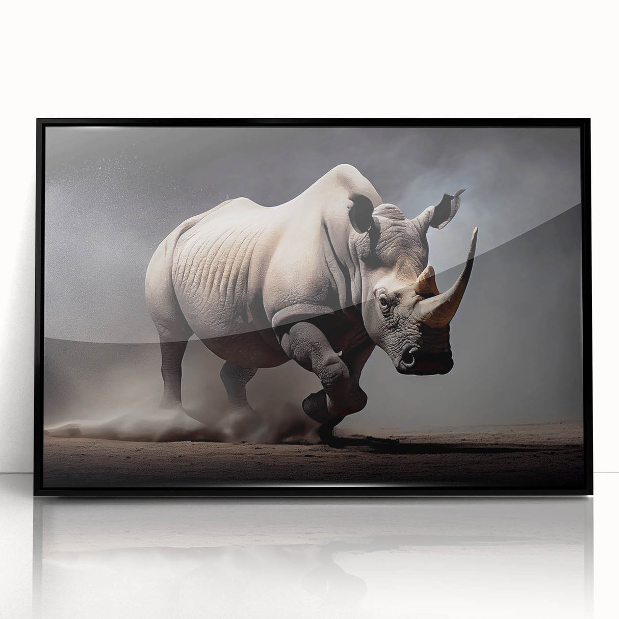 Framed wall art featuring a black front view of a rhinoceros design from the "Animals of the Wild" collection, showcasing intricate details and vibrant colors. Ideal for wildlife enthusiasts and modern decor.