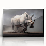 Framed wall art featuring a black front view of a rhinoceros design from the "Animals of the Wild" collection, showcasing intricate details and vibrant colors. Ideal for wildlife enthusiasts and modern decor.