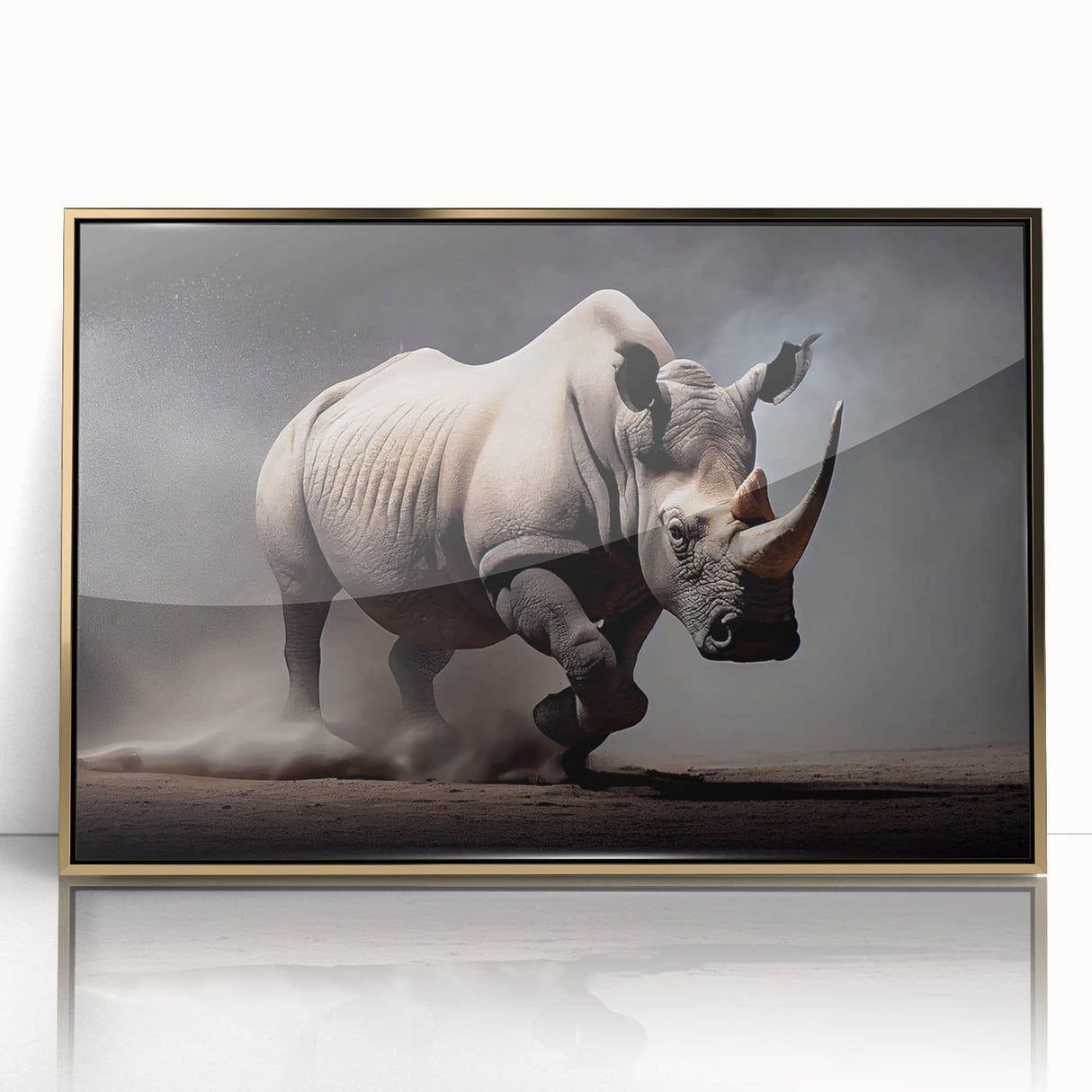 Framed wall art showcasing a detailed front view of a rhinoceros, featuring a gold acrylic finish that enhances its vibrant colors and intricate design, perfect for wildlife enthusiasts.