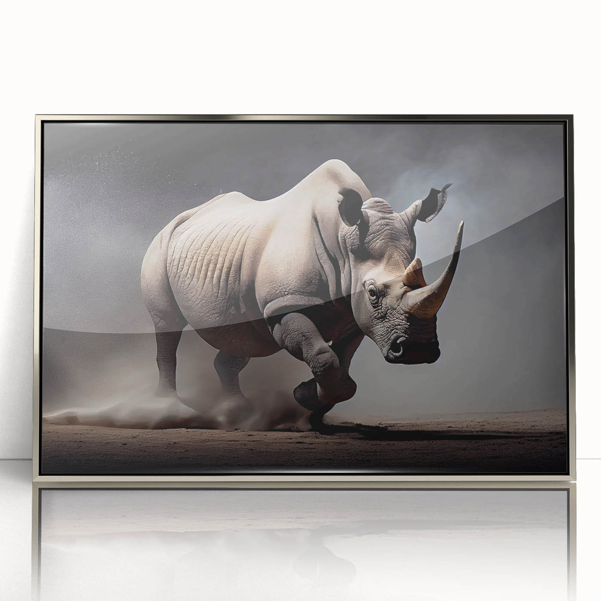Framed wall art featuring a striking rhinoceros design, showcasing detailed textures and vibrant colors against a silver background, ideal for wildlife enthusiasts.
