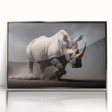 Framed wall art featuring a striking rhinoceros design, showcasing detailed textures and vibrant colors against a silver background, ideal for wildlife enthusiasts.