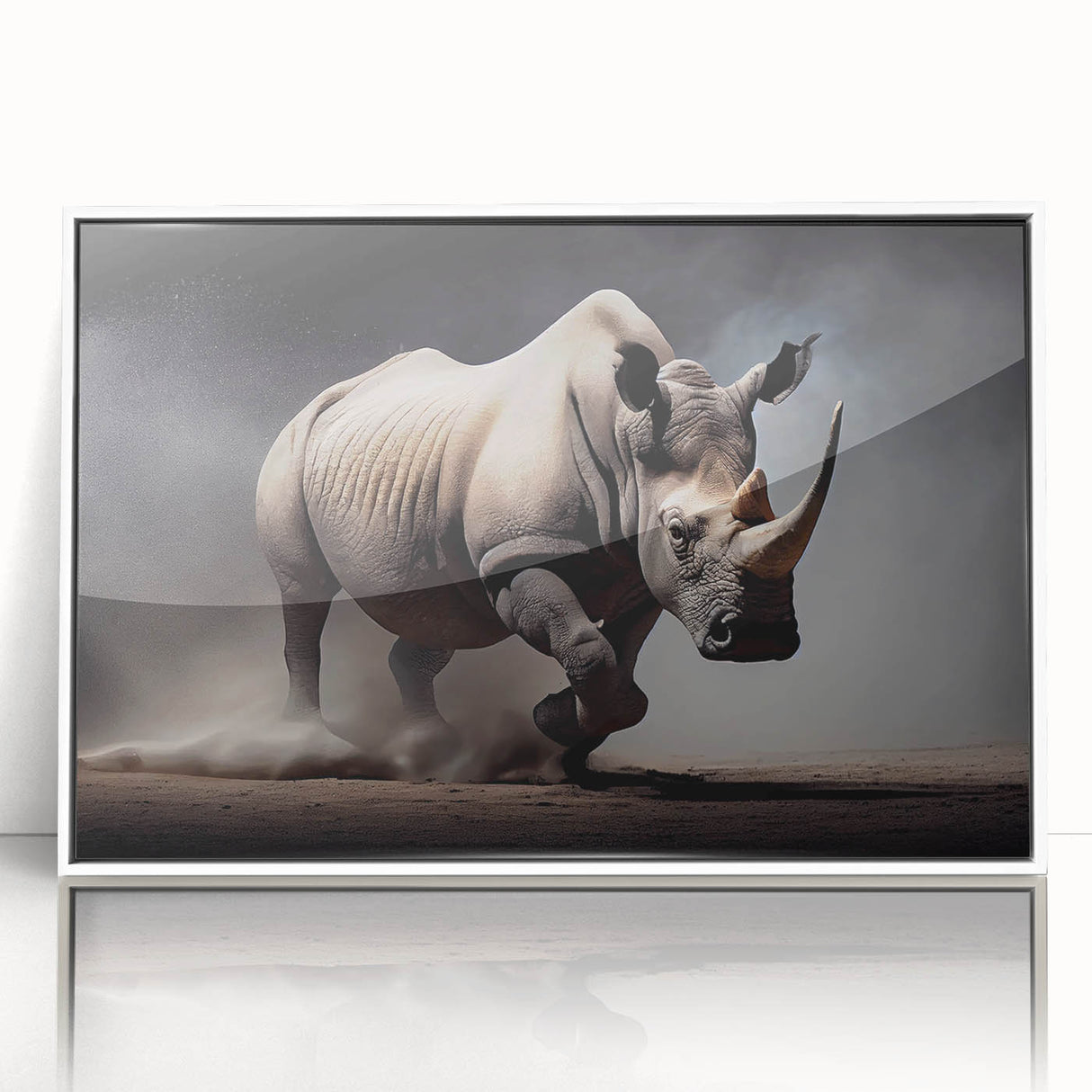 Framed wall art showcasing a striking white-front view of a rhinoceros, emphasizing its unique features and textures, perfect for animal lovers and modern decor.