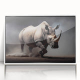 Framed wall art showcasing a striking white-front view of a rhinoceros, emphasizing its unique features and textures, perfect for animal lovers and modern decor.