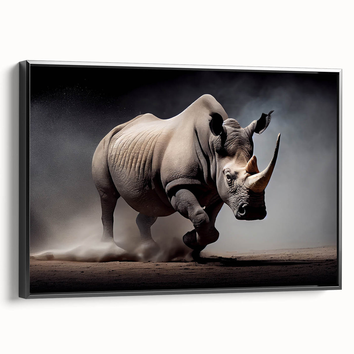 Framed canvas wall art showcasing a side view of a rhinoceros against a black background, capturing intricate details and textures, perfect for wildlife enthusiasts' decor.