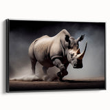 Framed canvas wall art showcasing a side view of a rhinoceros against a black background, capturing intricate details and textures, perfect for wildlife enthusiasts' decor.