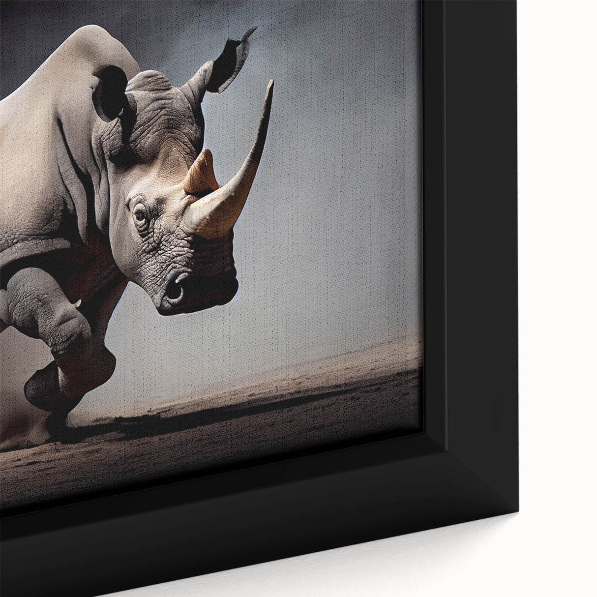 Close-up of a framed canvas wall art featuring a detailed and vibrant design of a rhinoceros in its natural habitat, showcasing intricate textures and colors. Ideal for animal lovers and wildlife enthusiasts, this piece adds a striking focal point to any room decor.