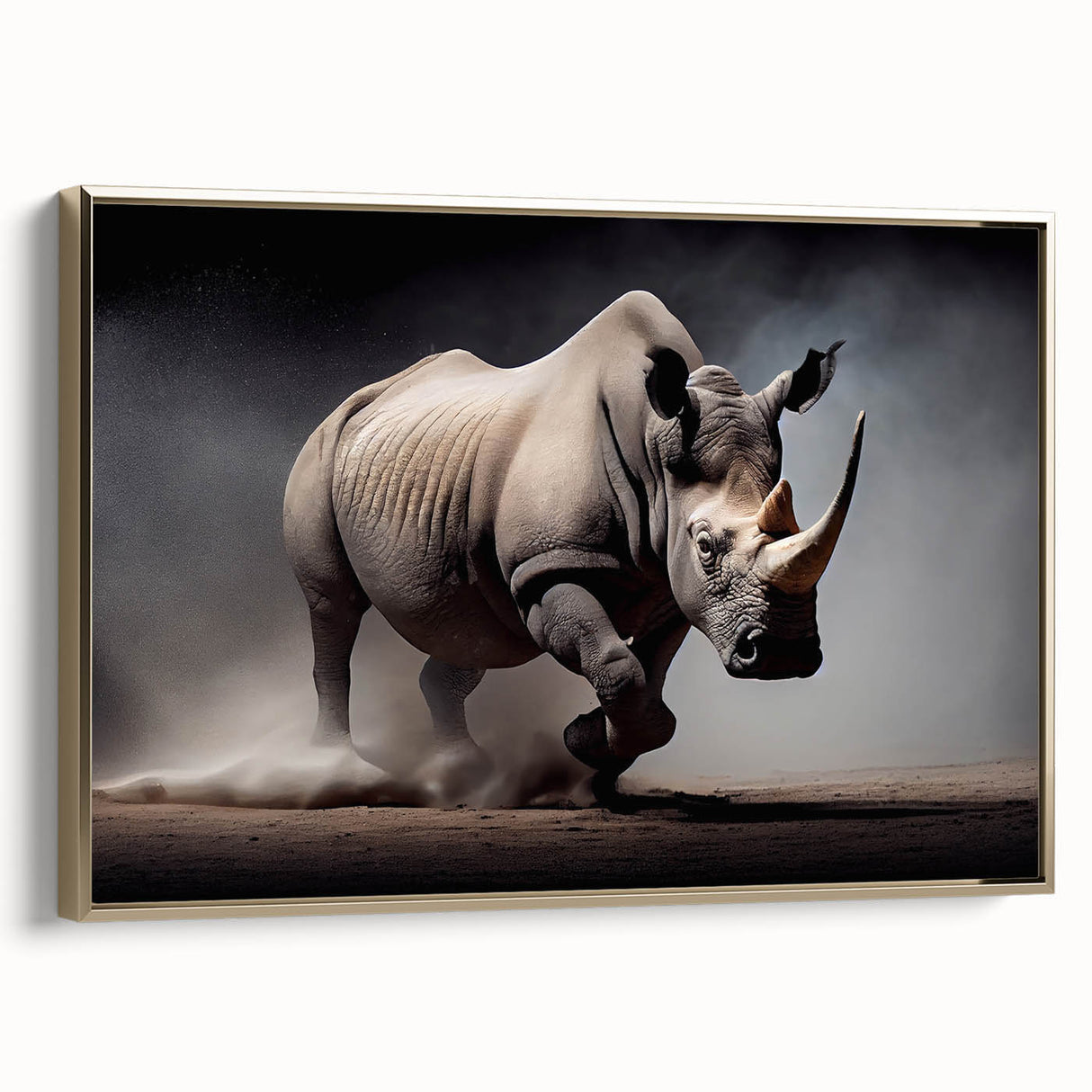 Framed wall art featuring a side view of a rhinoceros, showcasing intricate gold accents on a textured canvas, perfect for wildlife enthusiasts and modern decor.