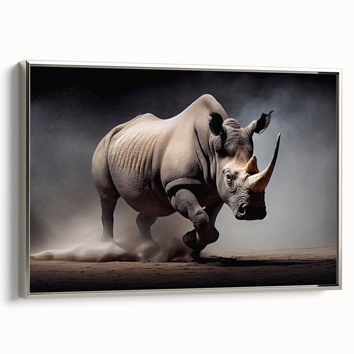 Framed wall art featuring a silver side view of a rhinoceros design, showcasing intricate details and textures, perfect for wildlife enthusiasts and modern decor.