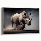 Framed wall art featuring a silver side view of a rhinoceros design, showcasing intricate details and textures, perfect for wildlife enthusiasts and modern decor.
