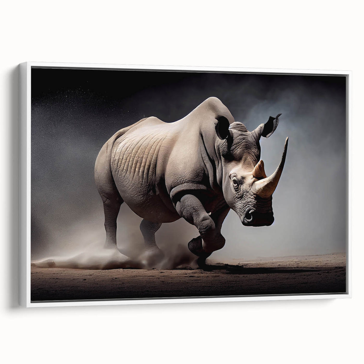 Framed canvas wall art featuring a side view of a majestic rhinoceros, showcasing detailed textures in a monochromatic color palette, ideal for wildlife enthusiasts.