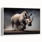 Framed canvas wall art featuring a side view of a majestic rhinoceros, showcasing detailed textures in a monochromatic color palette, ideal for wildlife enthusiasts.
