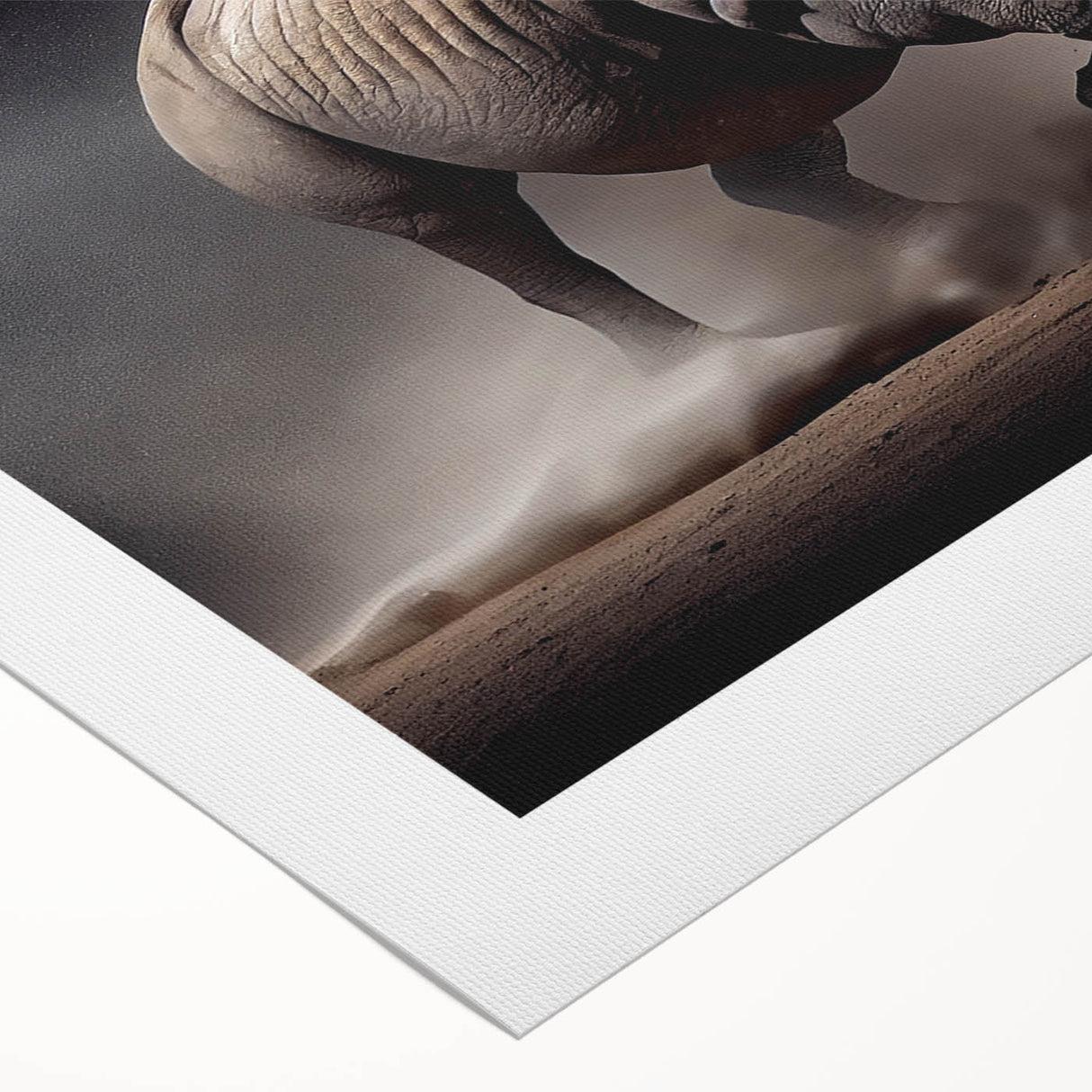 Rhinoceros wall art design on rolled canvas, showcasing intricate details and earthy tones, perfect for wildlife enthusiasts and home decor accents.