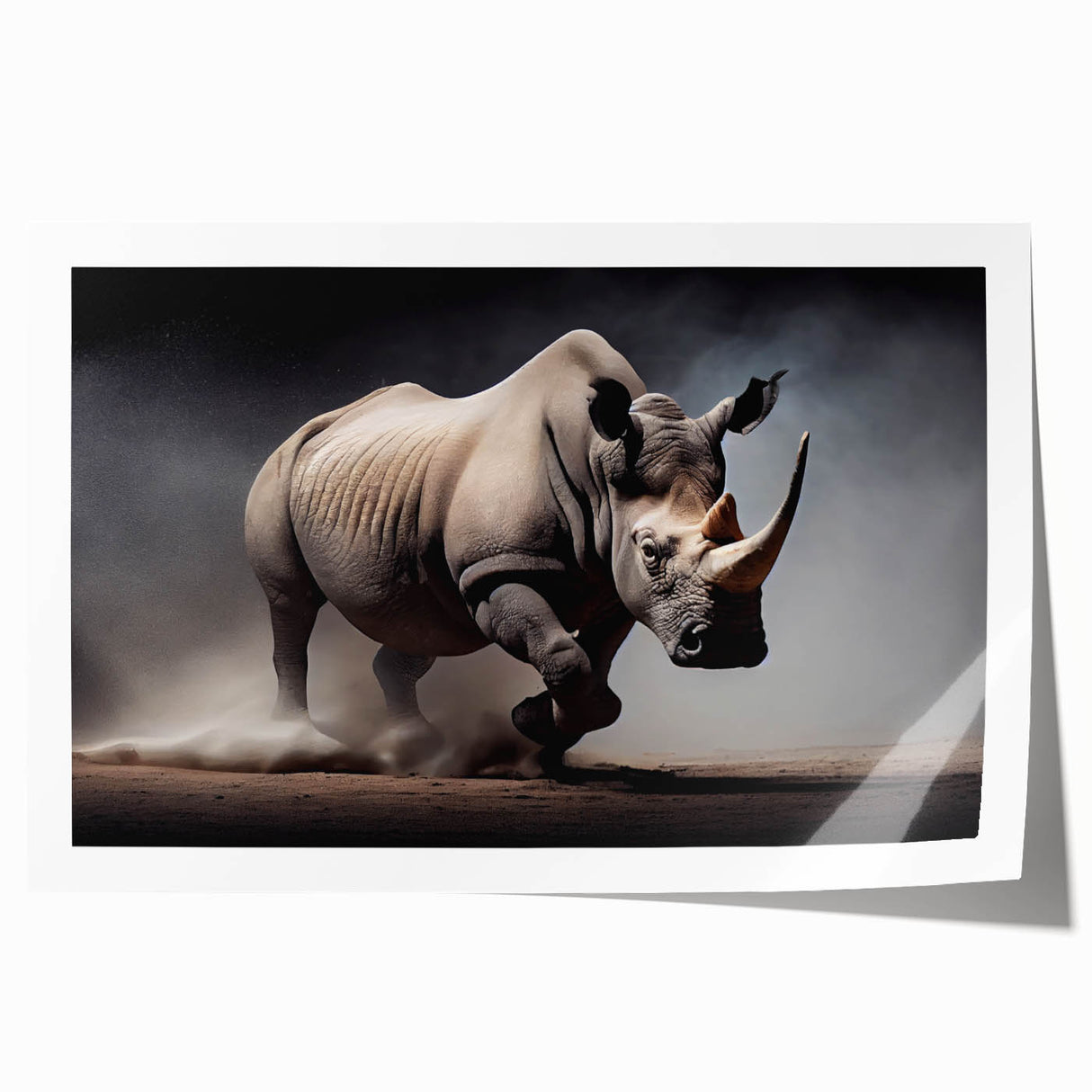 Rhinoceros wall art design on a rolled print, showcasing intricate details and vibrant colors, perfect for wildlife enthusiasts and home decor.