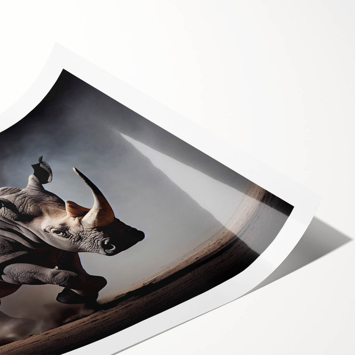 Rolled print of a stylized rhinoceros design, showcasing vibrant colors and intricate details, ideal for wildlife-themed decor and art enthusiasts. Perfect for enhancing living spaces with a touch of nature and art.