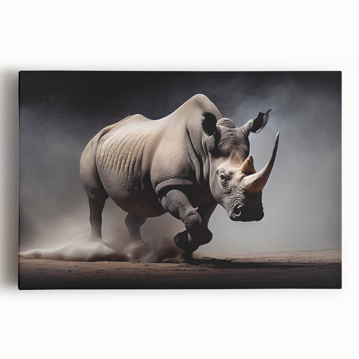 Front view of a stretched canvas featuring a detailed rhinoceros design, showcasing vibrant colors and intricate textures, perfect for wildlife-themed decor.