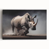 Front view of a stretched canvas featuring a detailed rhinoceros design, showcasing vibrant colors and intricate textures, perfect for wildlife-themed decor.