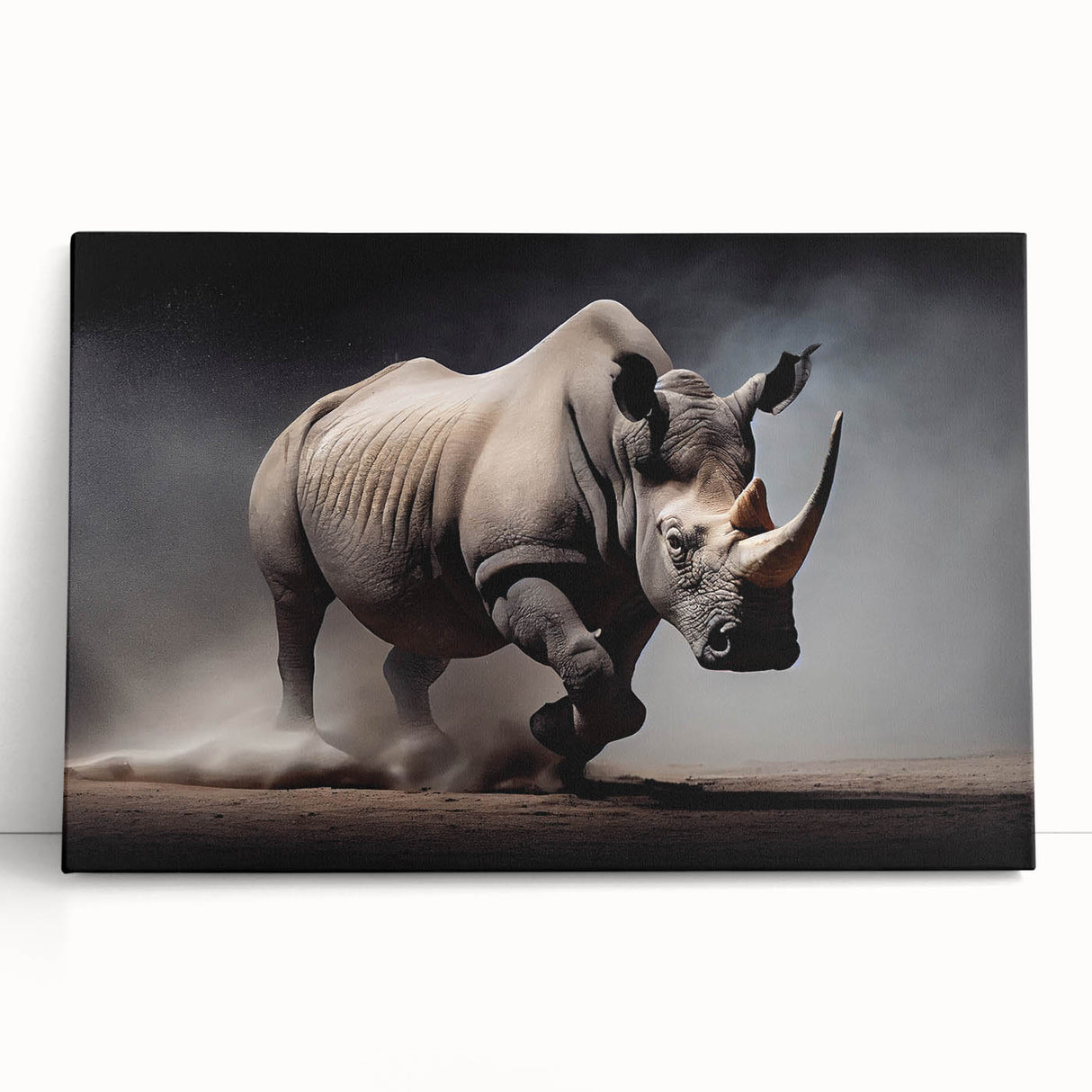 Stretched canvas wall art featuring a striking rhinoceros design in vibrant colors, perfect for wildlife enthusiasts and modern home decor, showcasing intricate details and textures.