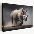 Stretched canvas wall art featuring a side view of a majestic rhinoceros, showcasing intricate details and natural colors, perfect for wildlife enthusiasts and home decor.