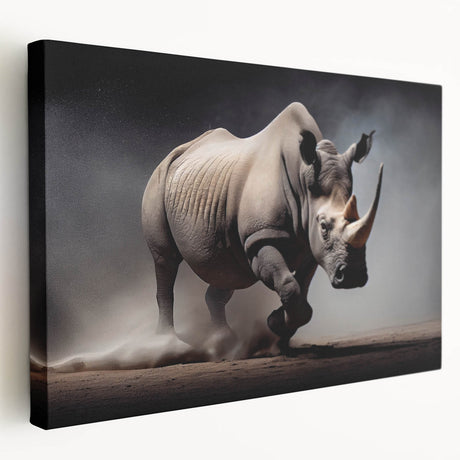 Stretched canvas wall art featuring a side view of a majestic rhinoceros, showcasing intricate details and natural colors, perfect for wildlife enthusiasts and home decor.