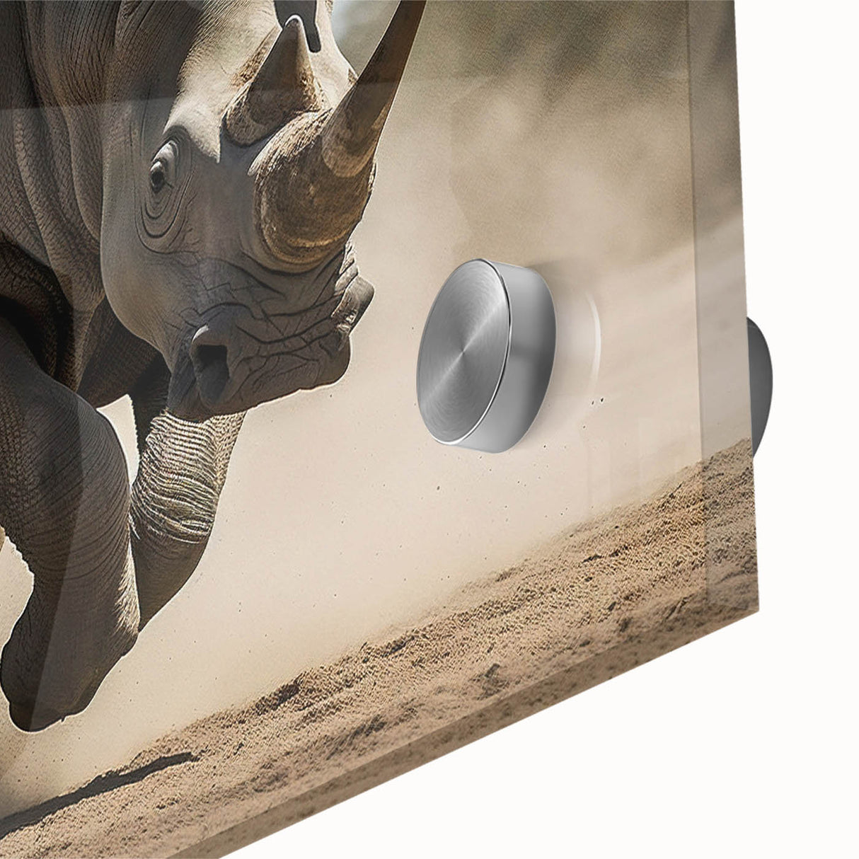 Close-up of a striking rhinoceros wall art design on acrylic glass, showcasing intricate details and vibrant colors, perfect for wildlife enthusiasts and modern decor.