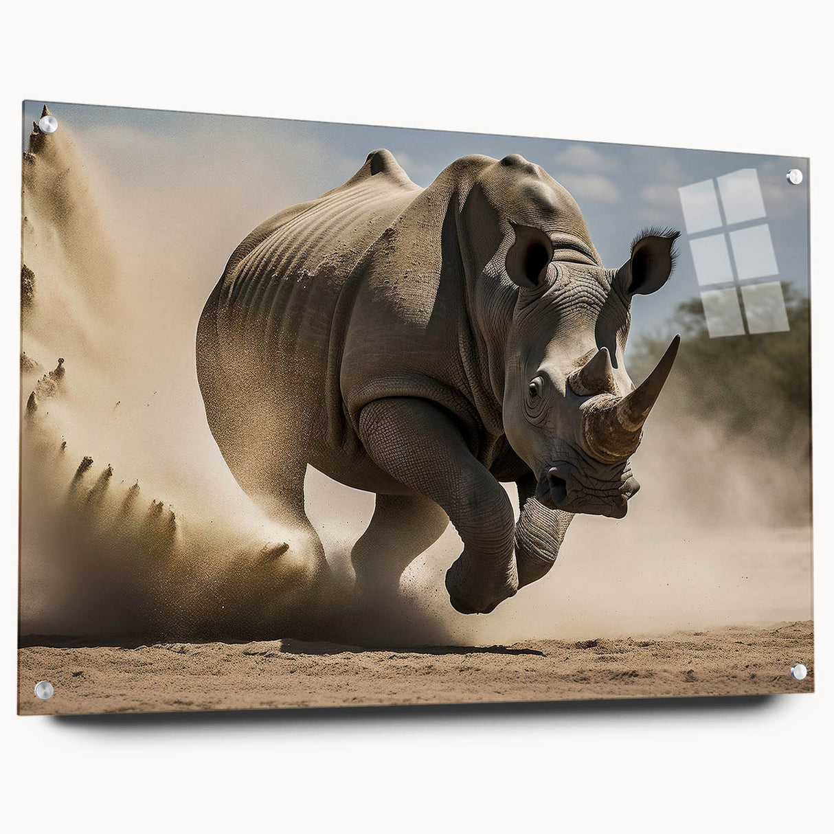 Side view of a rhinoceros wall art piece made from acrylic glass, showcasing intricate details and vibrant colors, ideal for wildlife decor enthusiasts.