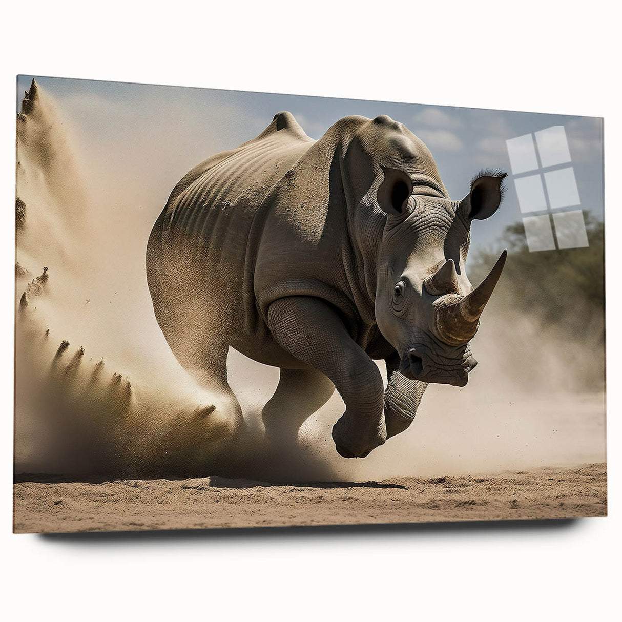 Side view of a rhinoceros art print displayed in an acrylic glass frame, showcasing intricate wildlife design elements, ideal for nature-themed decor.