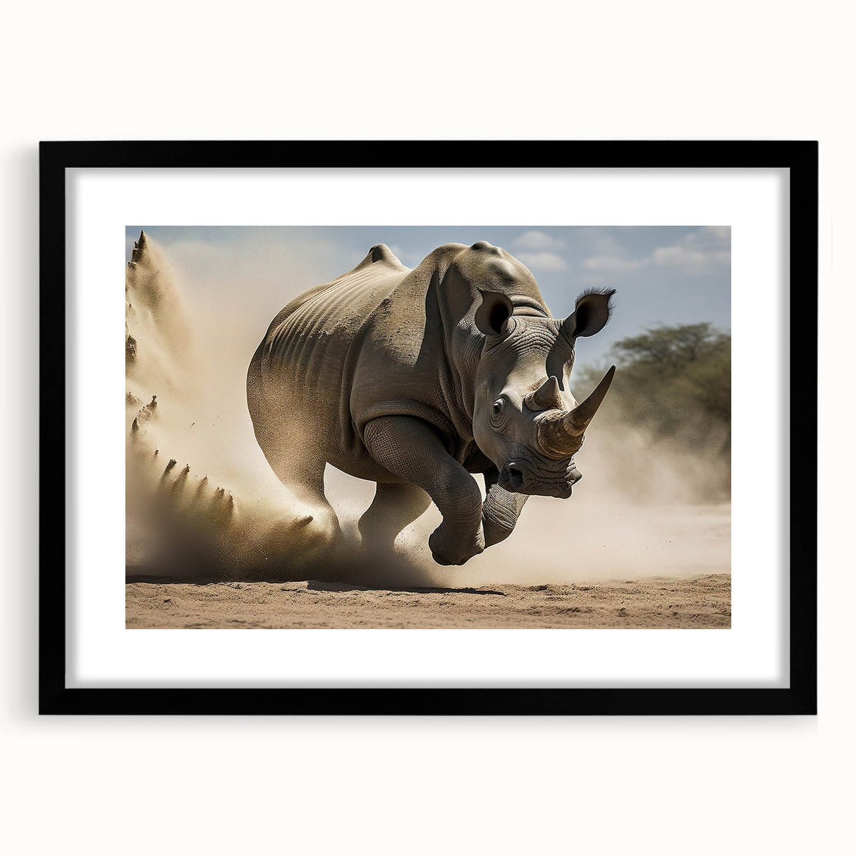 Black-framed wall art featuring a detailed rhinoceros design set against a white mat, showcasing wildlife artistry perfect for modern decor enthusiasts.