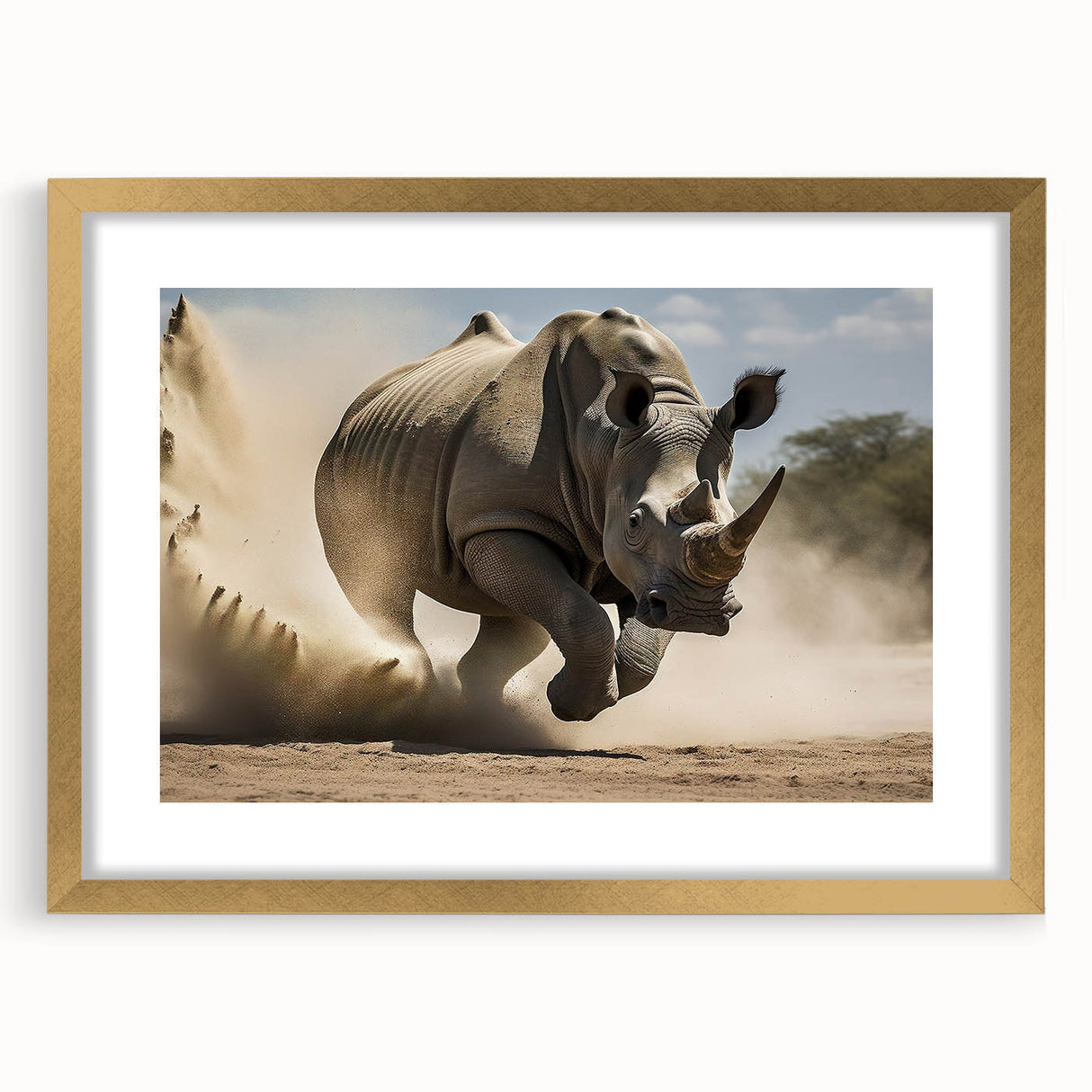 Rhinoceros wall art print featuring a detailed design in gold frame with mat, showcasing a striking front view of the majestic animal against a neutral background. Ideal for wildlife enthusiasts and home decor.