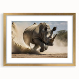Rhinoceros wall art print featuring a detailed design in gold frame with mat, showcasing a striking front view of the majestic animal against a neutral background. Ideal for wildlife enthusiasts and home decor.
