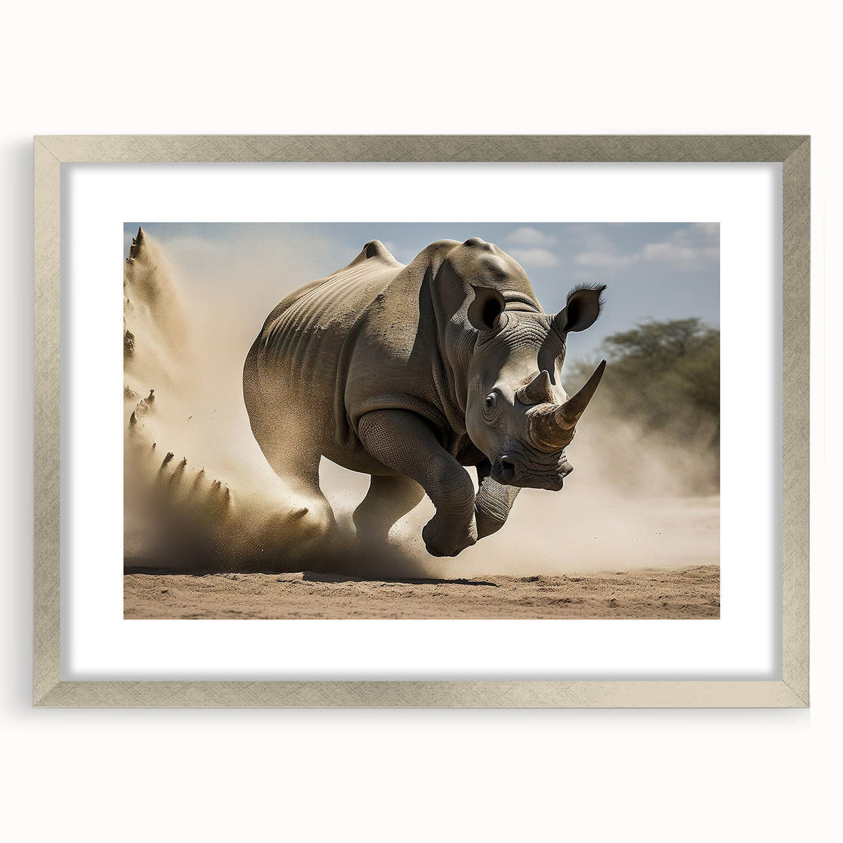 Framed wall art featuring a striking silver mat design of a rhinoceros, showcasing intricate details and textures, perfect for wildlife enthusiasts and modern decor.