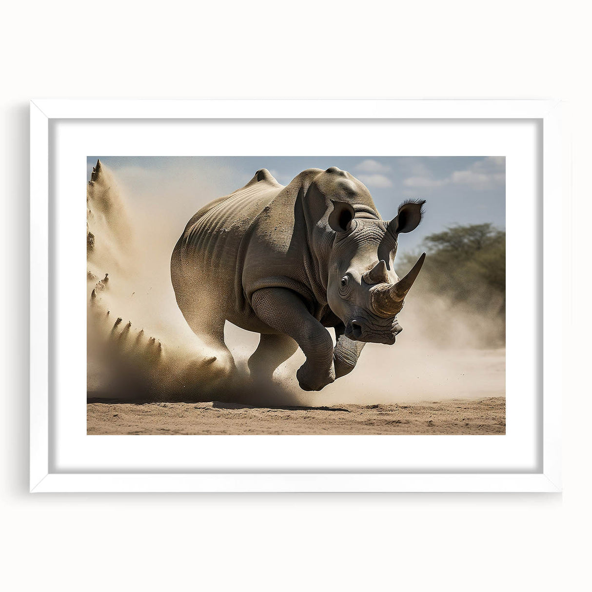 Framed wall art featuring a striking rhinoceros design in a minimalist style, set against a white mat, ideal for wildlife enthusiasts and modern decor.