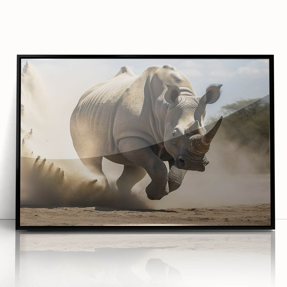 Framed wall art featuring a striking black and white design of a rhinoceros, showcasing intricate details and textures, perfect for wildlife enthusiasts and modern decor.