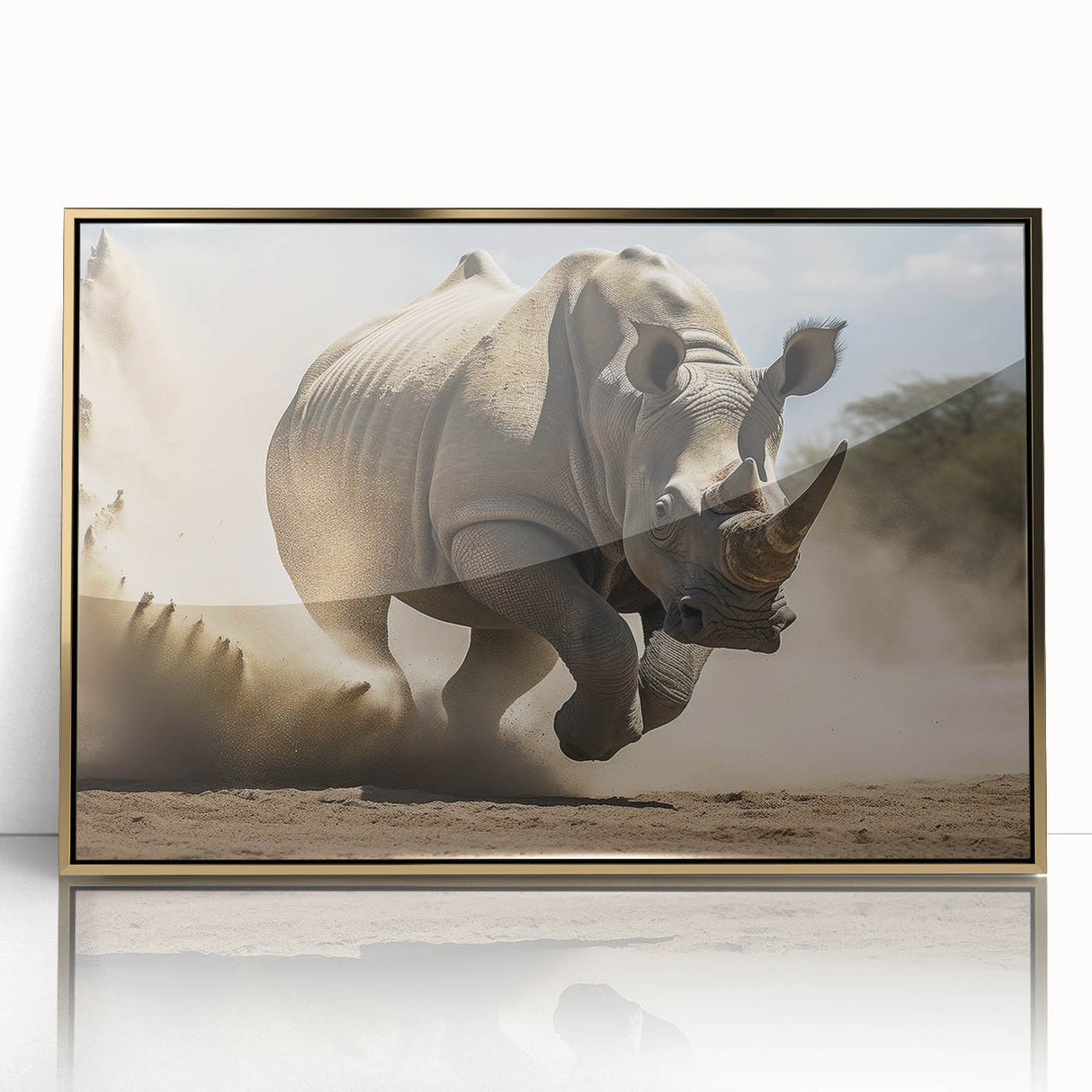 Framed wall art featuring a striking front view of a rhinoceros design, showcasing intricate details with a gold-acrylic finish against a vibrant background, perfect for wildlife enthusiasts.