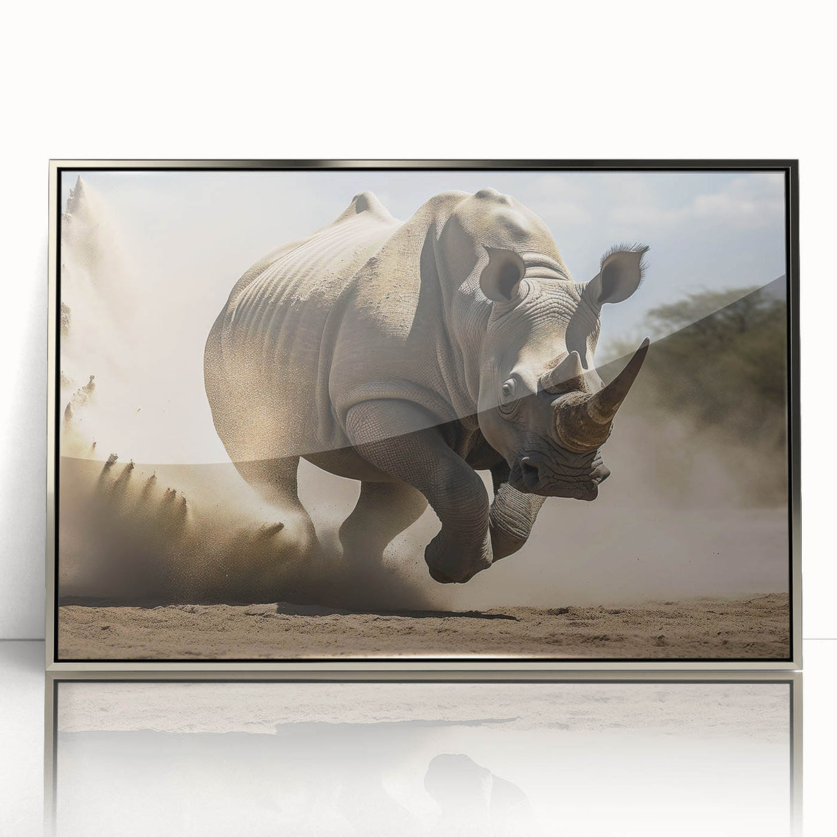Framed acrylic wall art featuring a detailed front view of a rhinoceros, showcasing its textured skin and striking features, perfect for wildlife enthusiasts.