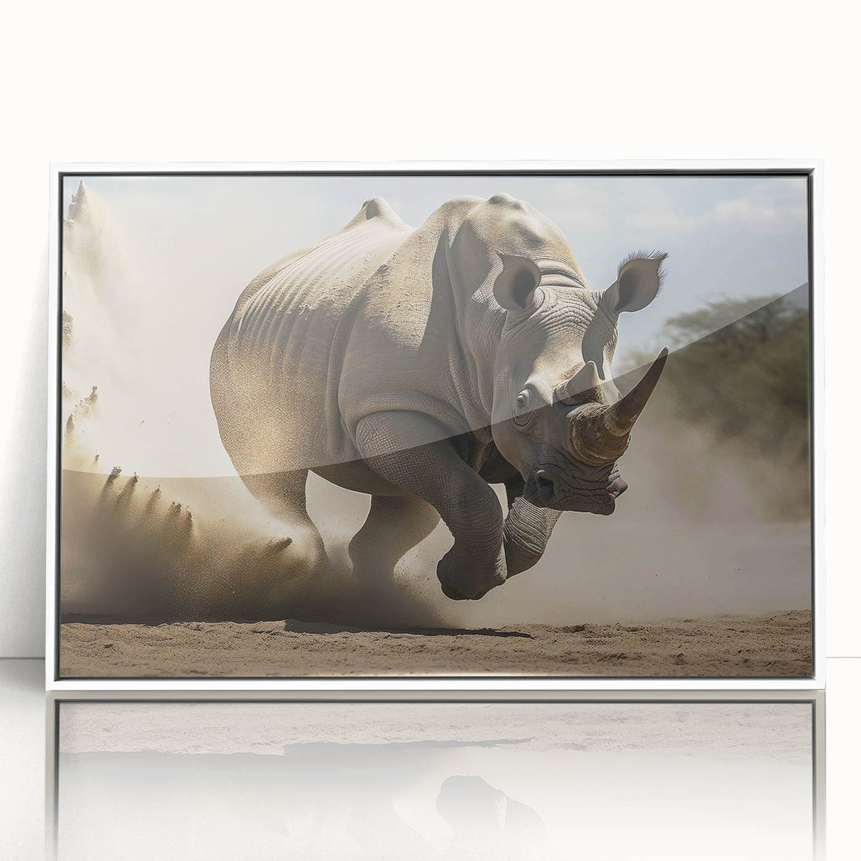 Framed wall art featuring a striking white rhinoceros design, showcasing intricate details and vibrant colors, perfect for wildlife enthusiasts and home decor.