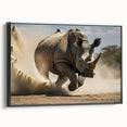 Framed canvas wall art depicting a side view of a black rhinoceros in a wild landscape. The artwork showcases intricate details and vibrant colors, perfect for animal lovers and home decor enthusiasts.