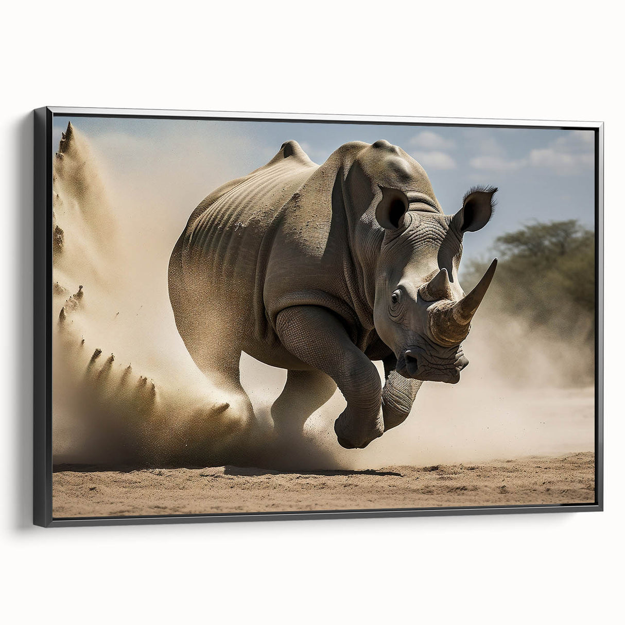 Framed canvas wall art depicting a side view of a black rhinoceros in a wild landscape. The artwork showcases intricate details and vibrant colors, perfect for animal lovers and home decor enthusiasts.