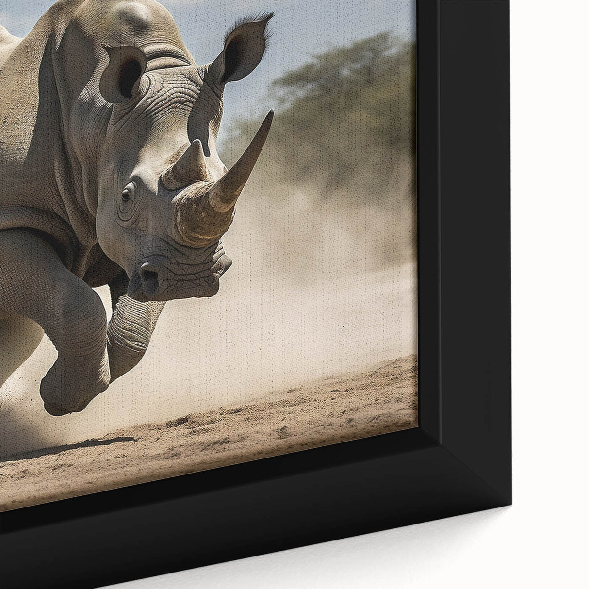 Close-up of a framed canvas wall art featuring a detailed rhinoceros design, showcasing realistic textures and vibrant colors, ideal for wildlife enthusiasts.
