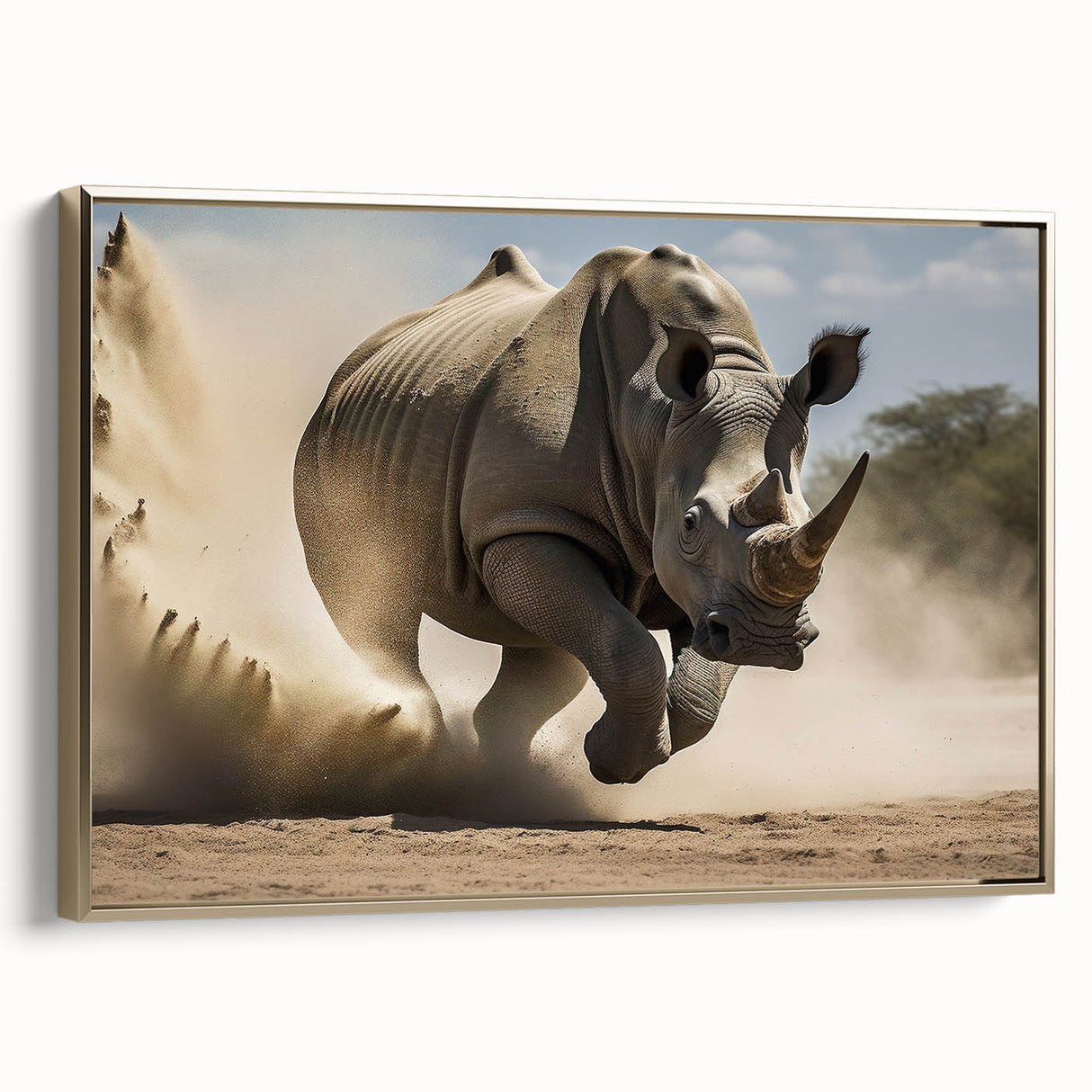 Side view of a framed canvas featuring an elegant gold-accented rhinoceros design, ideal for wildlife-themed decor, showcasing intricate details and vibrant colors.