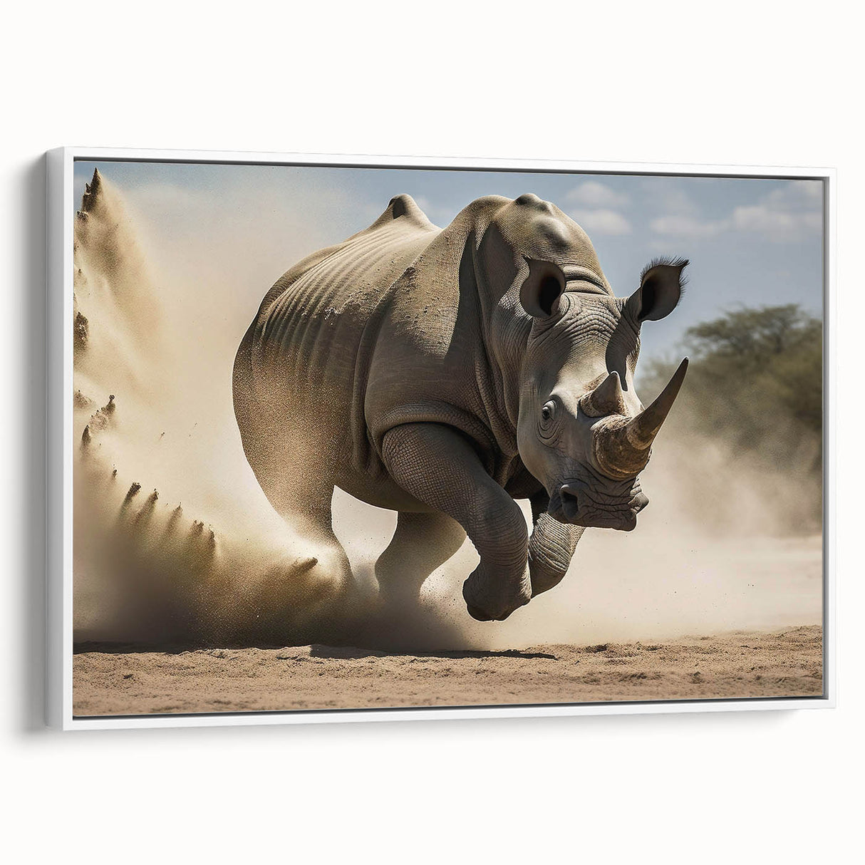 Framed canvas wall art depicting a side view of a rhinoceros in a natural setting, showcasing intricate details and vibrant colors, perfect for wildlife enthusiasts.