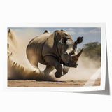 Rhinoceros wall art print showcasing a vibrant illustration of a rhino in a natural habitat, perfect for wildlife enthusiasts and home décor, rolled for easy framing.